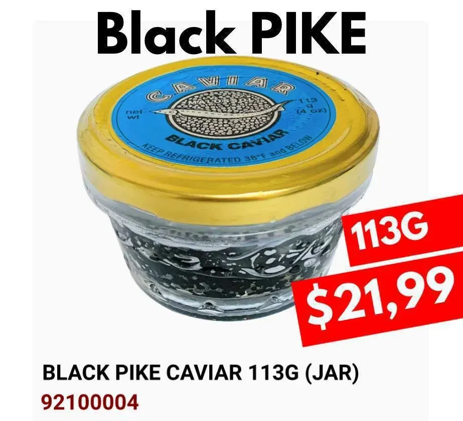 Банка Black Pike Caviar 113 г с ценником .99 для выбора деликатесов к праздничному столу Банка Black Pike Caviar 113 г с ценником $21.99 для выбора деликатесов к праздничному столу