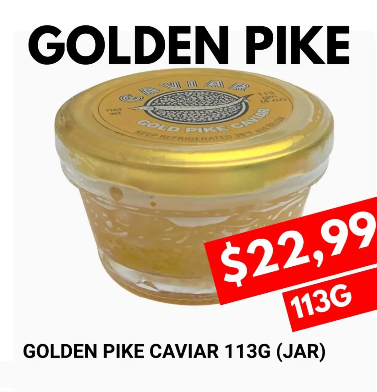 Банка Golden Pike Caviar 113 г с ценником $22,99 в русскоязычном магазине продуктов