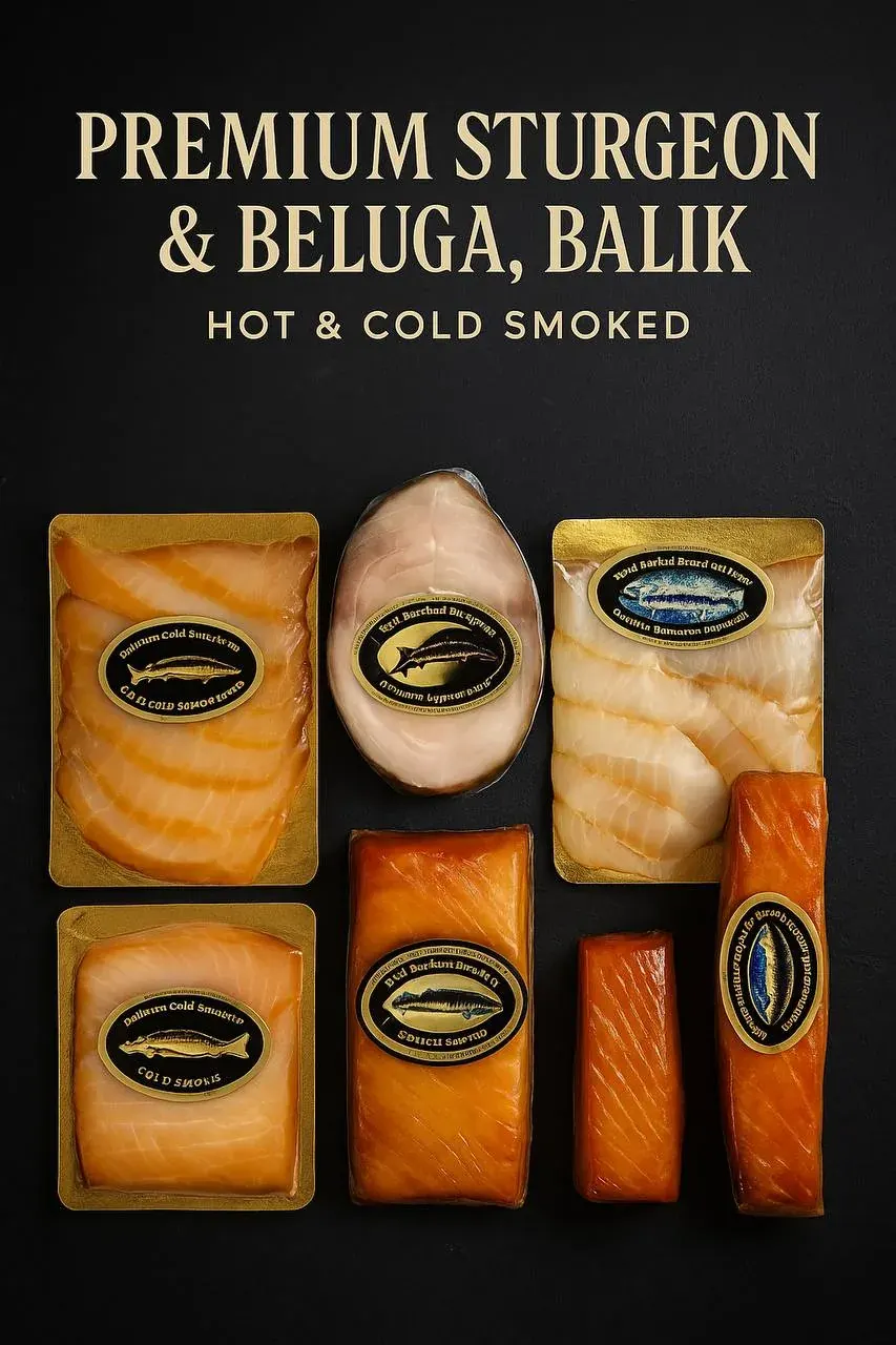 Упаковки копченой рыбы с надписями Premium Sturgeon & Beluga и Balik Hot & Cold Smoked Упаковки копченой рыбы с надписями Premium Sturgeon & Beluga и Balik Hot & Cold Smoked
